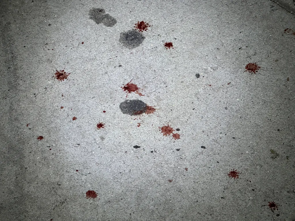 Dark red blood splatters and a few dark gray oil stains on a light gray concrete surface.