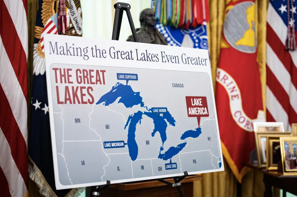 A map of the Great Lakes in the United States and Canada, with Lake Ontario renamed 