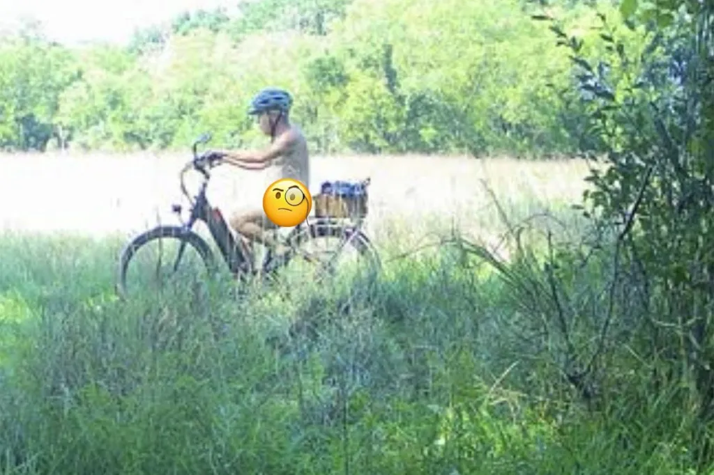 A nude e-bike rider with a basket on the back wheel is pictured with an emoji covering them, cycling through a grassy field.