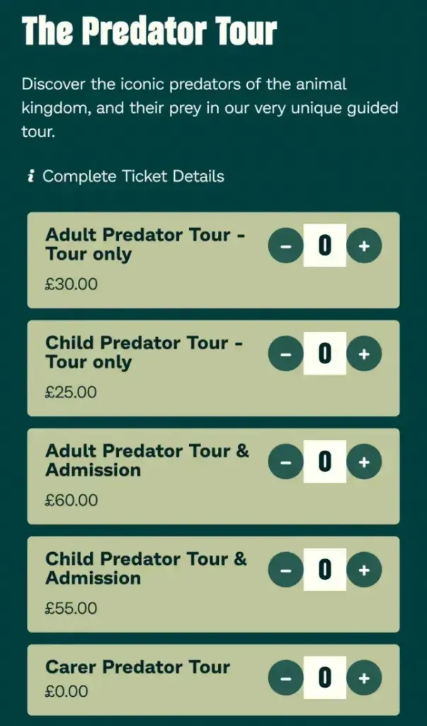 A webpage displaying ticket options for 