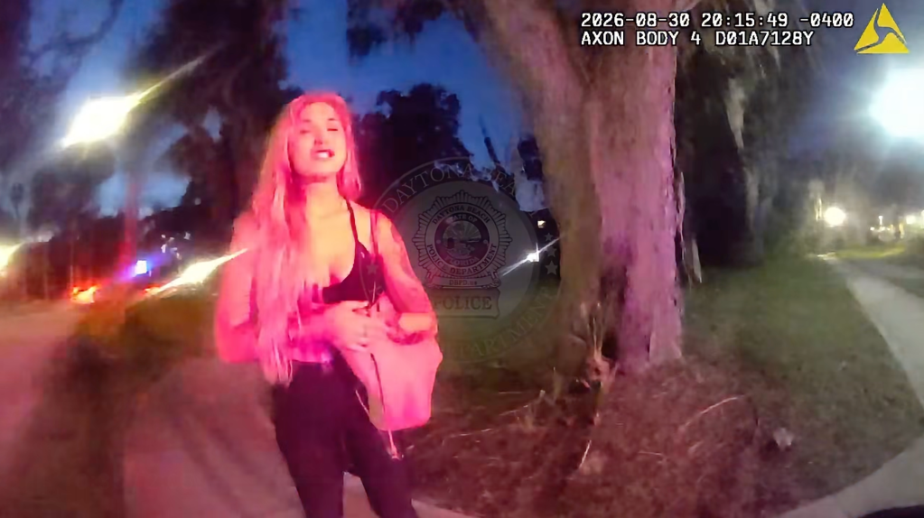 Elizabeth Boucher complains with police during her arrest for suspected drunk driving in Daytona Beach, Florida.