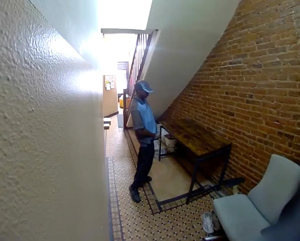 The shocking moment a Amazon delivery driver was caught on camera peeing all over a Greenwich Village apartment lobby last month.