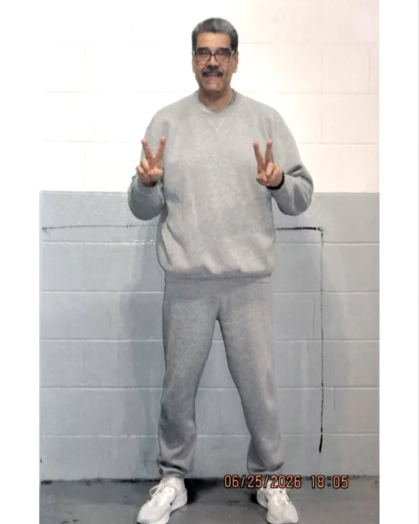 A man in a gray sweatsuit stands against a gray and white wall, holding up two peace signs.