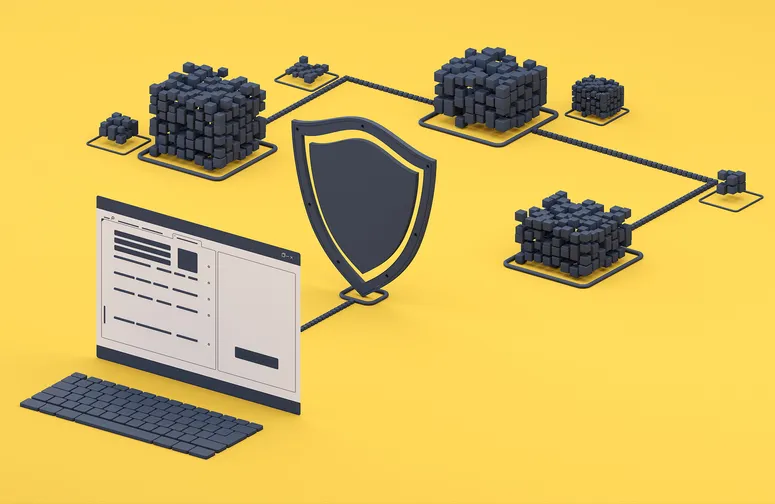 3D rendering on a yellow background of a keyboard and computer screen connected to a black floating shield with black cubes representing data in the background