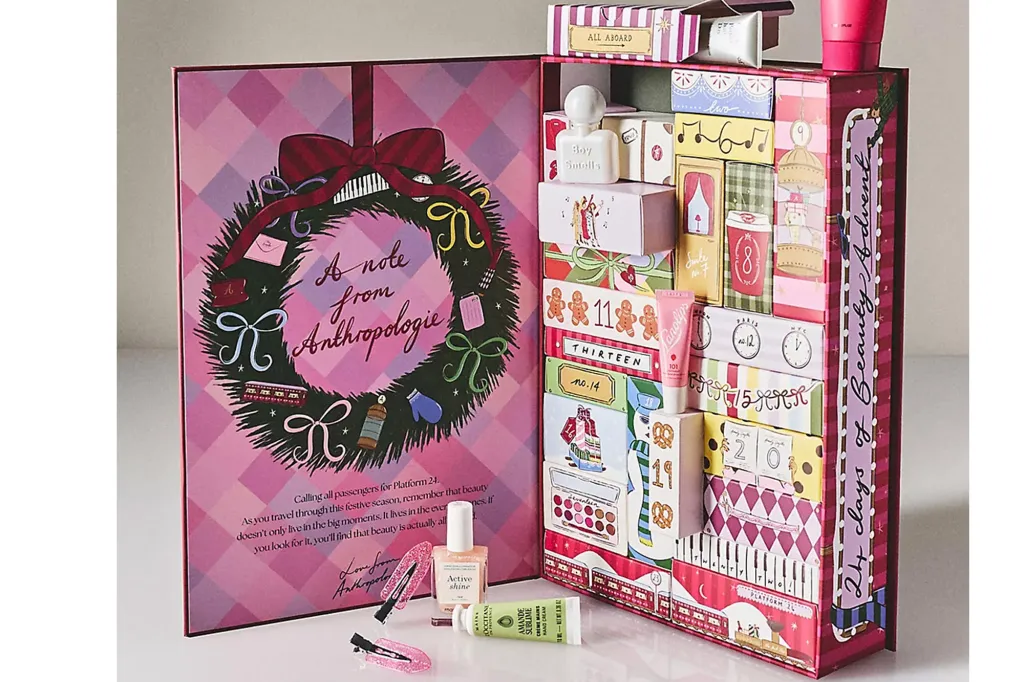 Anthropologie 24 Days of Beauty Advent calendar, with some beauty products displayed in front of it.