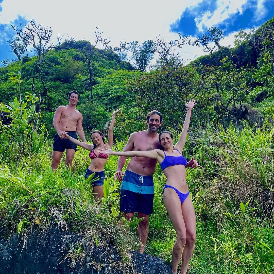 Aaron Rodgers, Shailene Woodley, Miles Teller, and Keleigh Teller vacationing in Hawaii.
