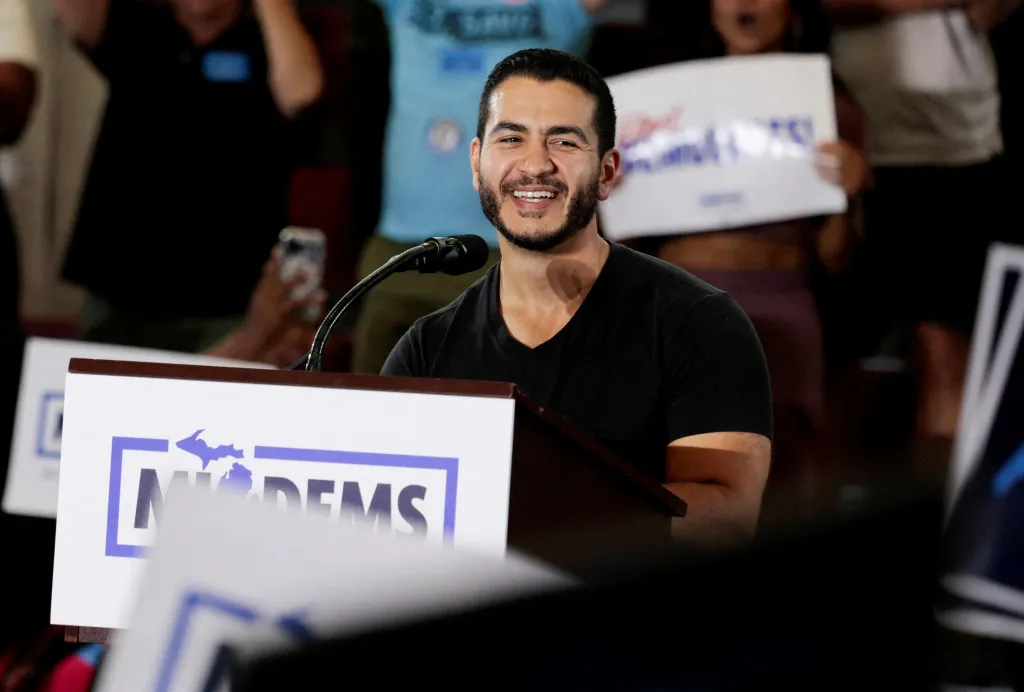Abdul El-Sayed speaking at a Democratic unity rally.