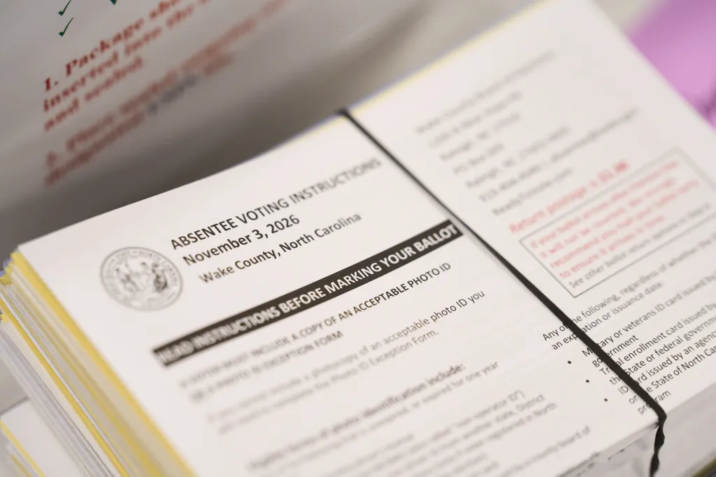 Absentee voting instructions for mail-in ballots from Wake County, North Carolina, for the November 3, 2026 election.
