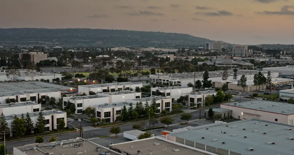 Aerial view of office parks in Torrance, California, at sunset.