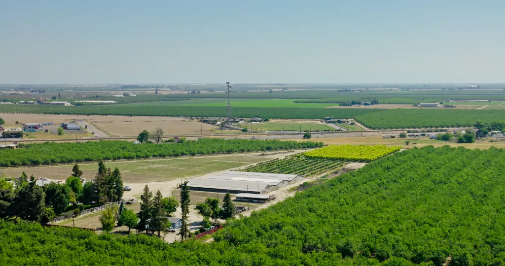 Aerial view of an agricultural farm in Turlock, Stanislaus County, California.