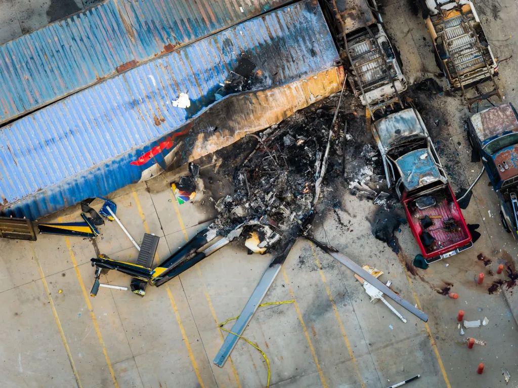 Aerial view of the aftermath of a news helicopter crash in Chatsworth, Los Angeles.