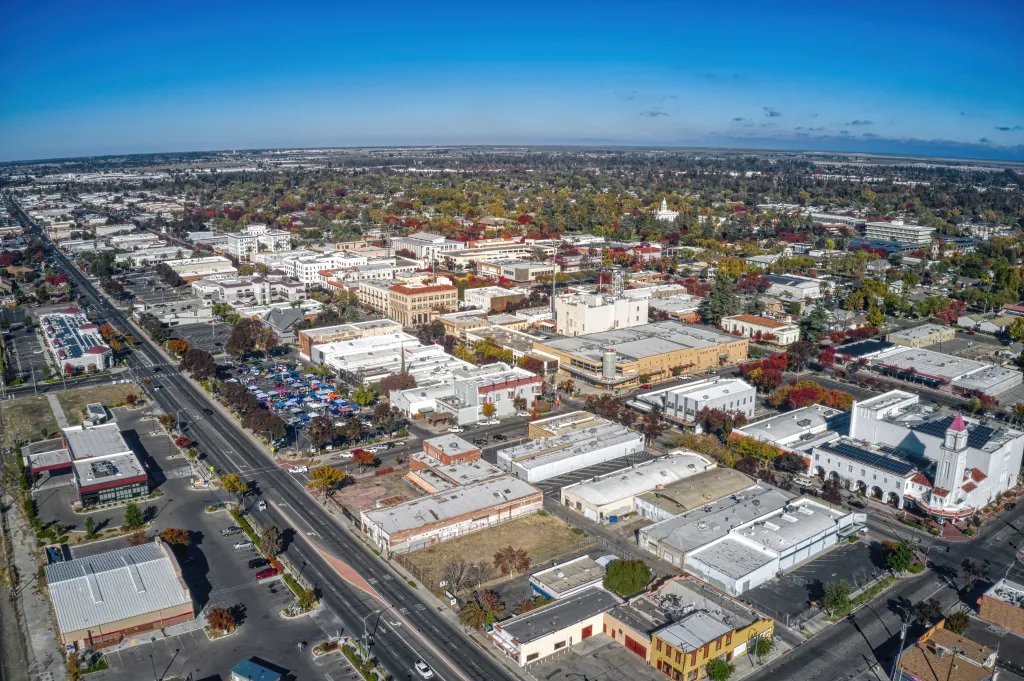 Aerial view of downtown Merced, California during autumn.
