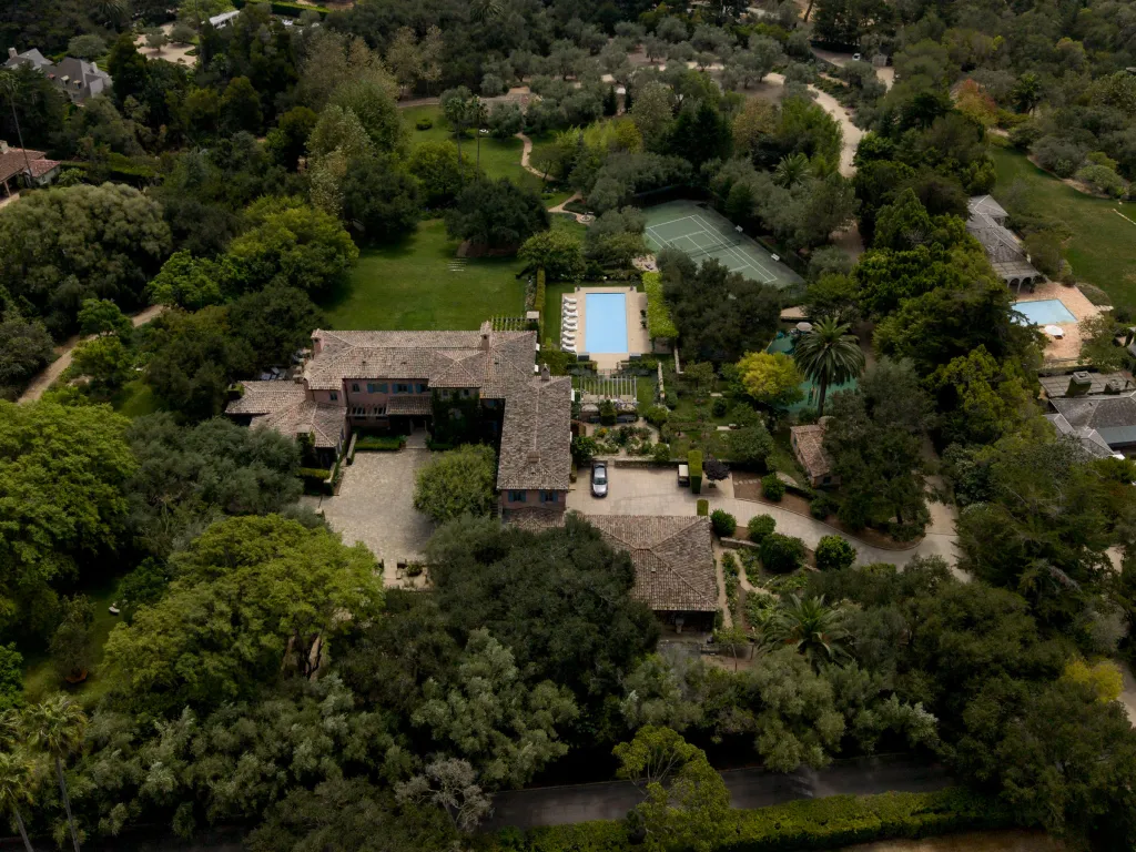 Aerial view of the $14 million Mediterranean-style chateau in Montecito, California, formerly owned by Meghan Markle and Prince Harry.