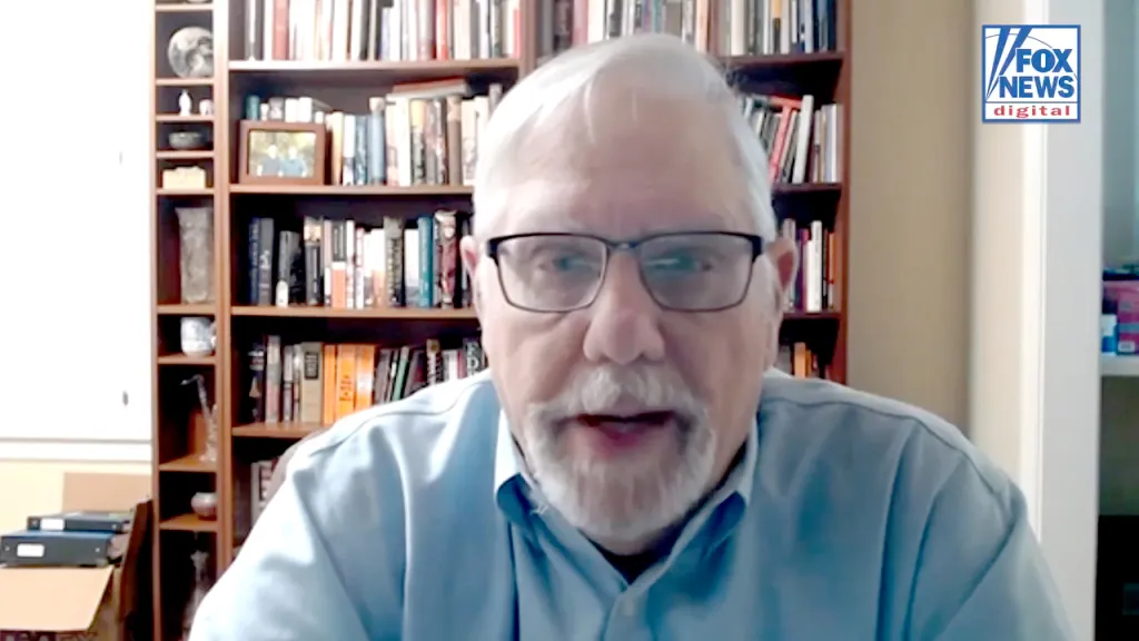 A bearded man in glasses wearing a light blue shirt speaks in a video call.