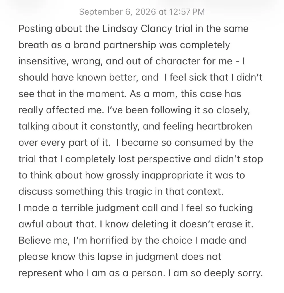 An apology from Amanda Hirsch about an insensitive ad made during the Lindsay Clancy trial.