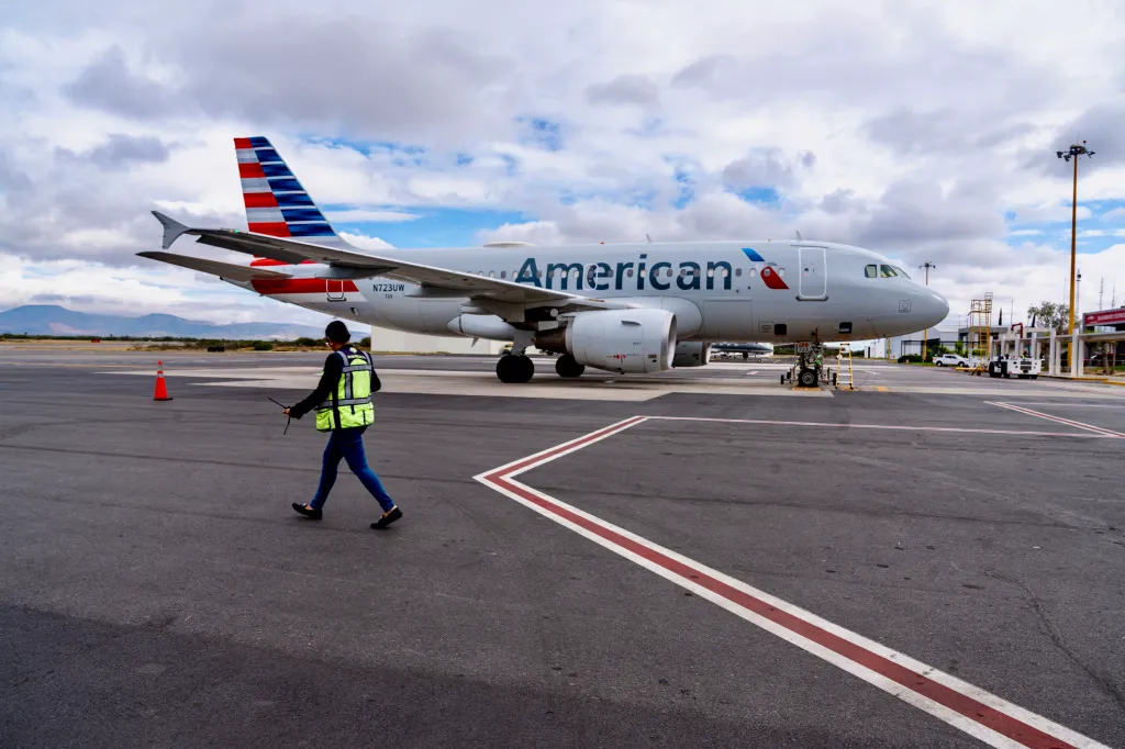 American Airlines airplane parked at the gate in San Luis Potosí, Mexico.