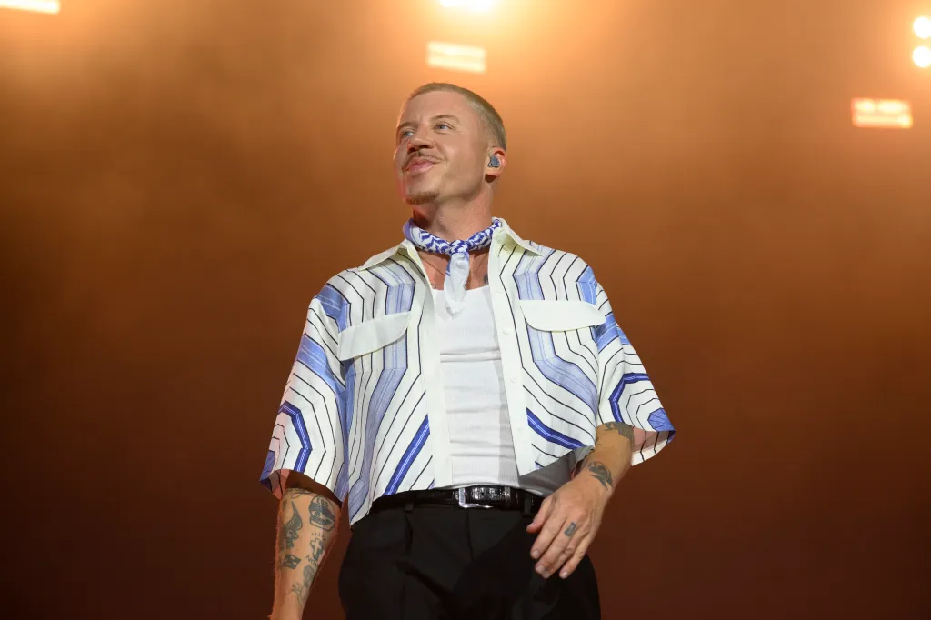 American rapper Macklemore performs live on stage.