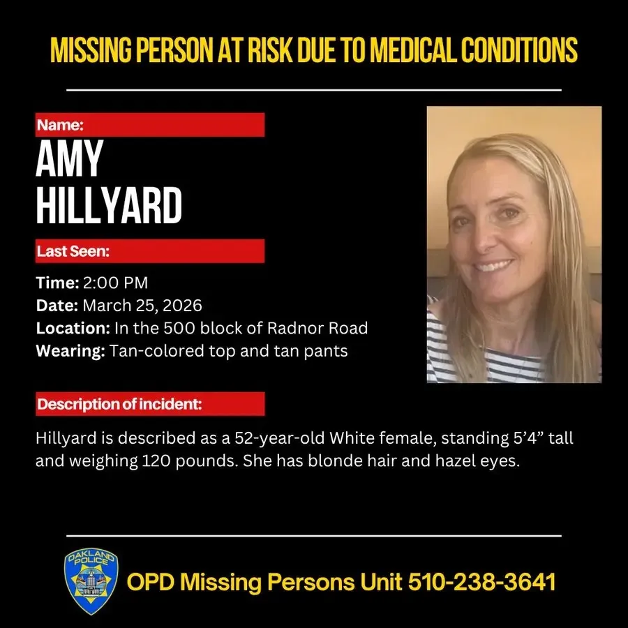 Missing person poster for Amy Hillyard, 52, last seen March 25, 2026, in a tan top and pants.