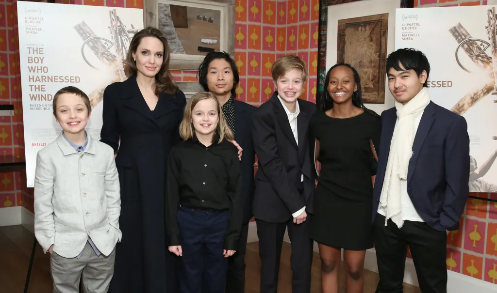 Angelina Jolie with her six children, Knox, Vivienne, Pax, Shiloh, Zahara, and Maddox, at