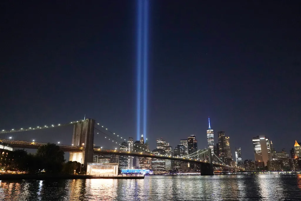 The annual Tribute in Light commemorating the victims of the World Trade Center terrorist attack is seen in the early hours of Friday, September 12, 2025, from Brooklyn, NY.