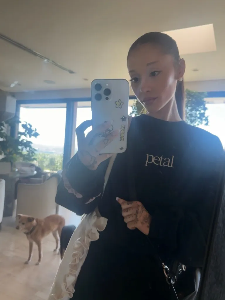 Ariana Grande taking a mirror selfie, with a dog in the background.