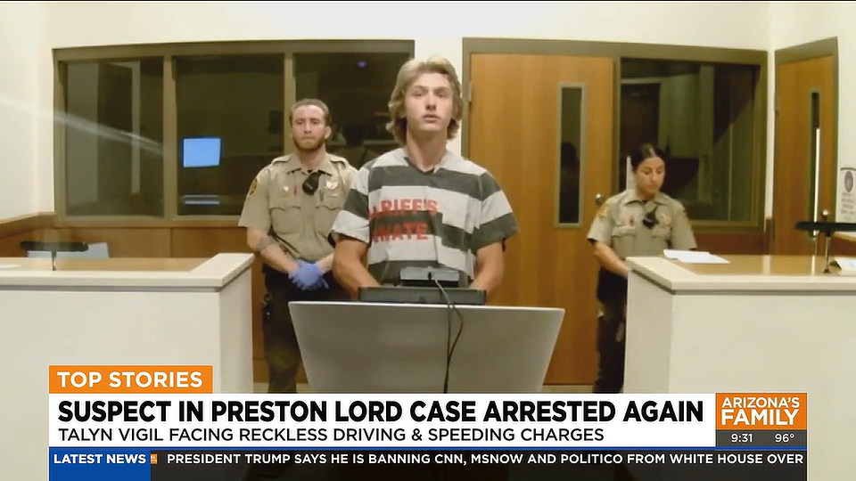Talyn Vigil appears in an Arizona court after he was arrested for reckless driving and drag racing on a motorcycle in Tempe on Sept. 18, 2026.