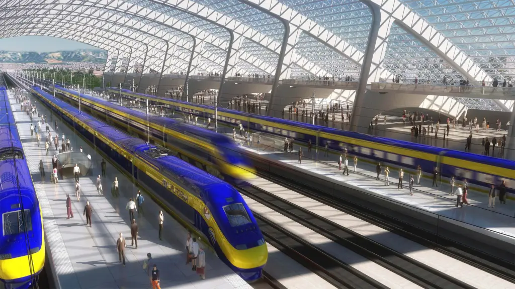 Illustration of blue and yellow high-speed trains at a station with people on the platforms.