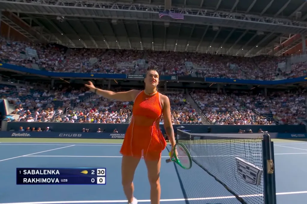 Aryna Sabalenka defeats Kamilla Rakhimova of Uzbekistan in their Women's Singles Third Round match on Sept. 4, 2026, at the USTA Billie Jean King National Tennis Center in the Flushing neighborhood of the Queens borough of New York City. Sabalenka called out a fan for smoking weed mid-match during the contest.