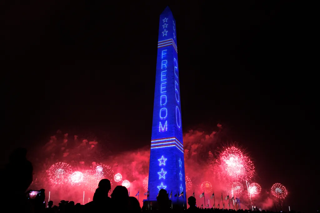 Attendees watch a fireworks display during the 