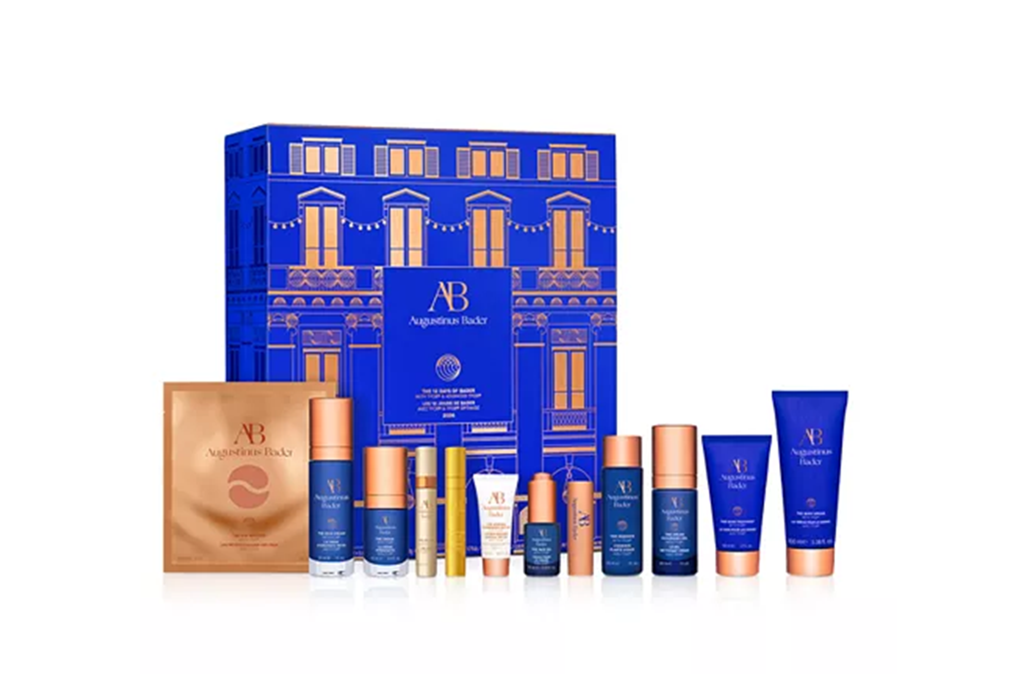 Bloomingdale's advent calendar with various beauty and skincare products.