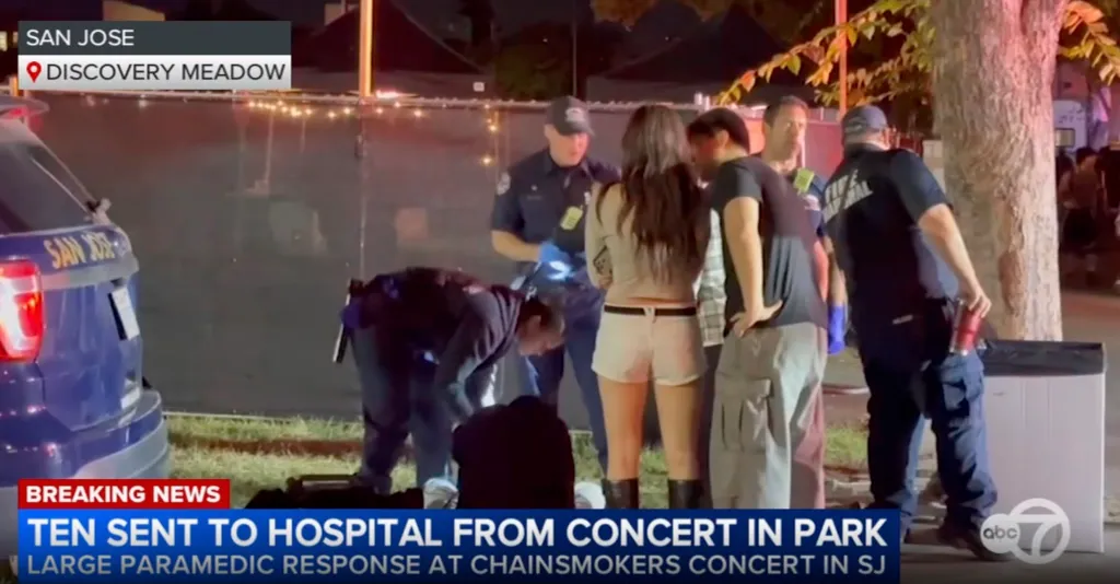 First responders helping concertgoers at Discovery Meadow in San Jose.