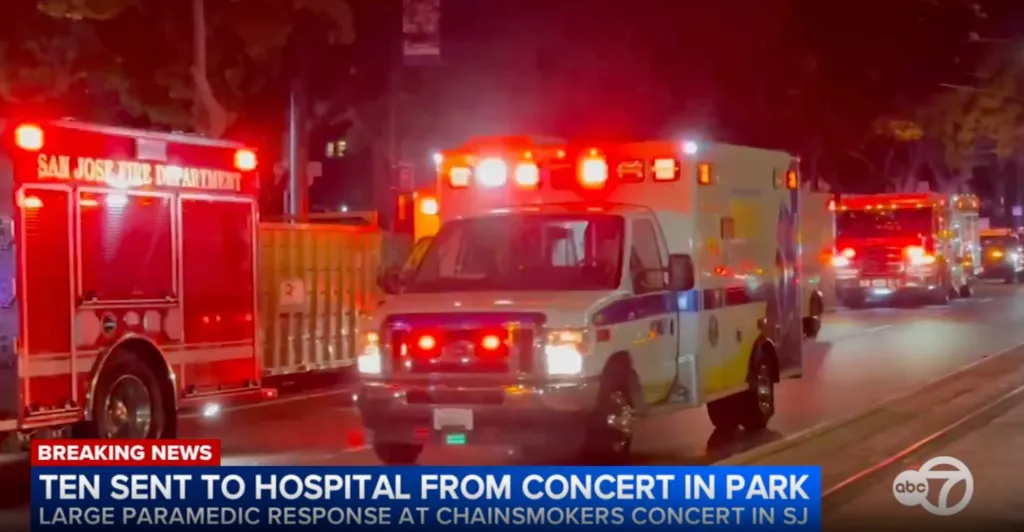Emergency vehicles responding to an incident at a Chainsmokers concert in San Jose, where ten people were hospitalized.