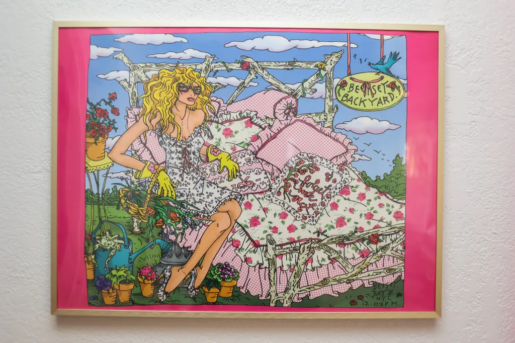 Illustration of a blonde woman in a Betsey Johnson dress sitting on a swing with gardening tools.