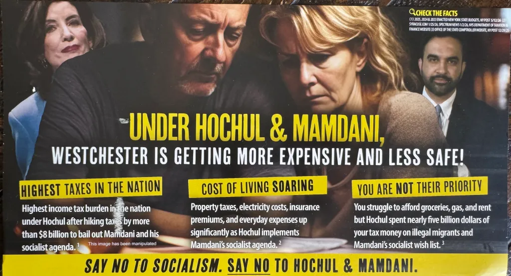 A Blakeman campaign mailer with images of Governor Hochul, a man, an older woman, and a man with a beard, stating