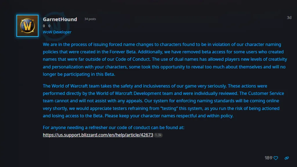 Blizzard Responds to WoW Forever Name Bans