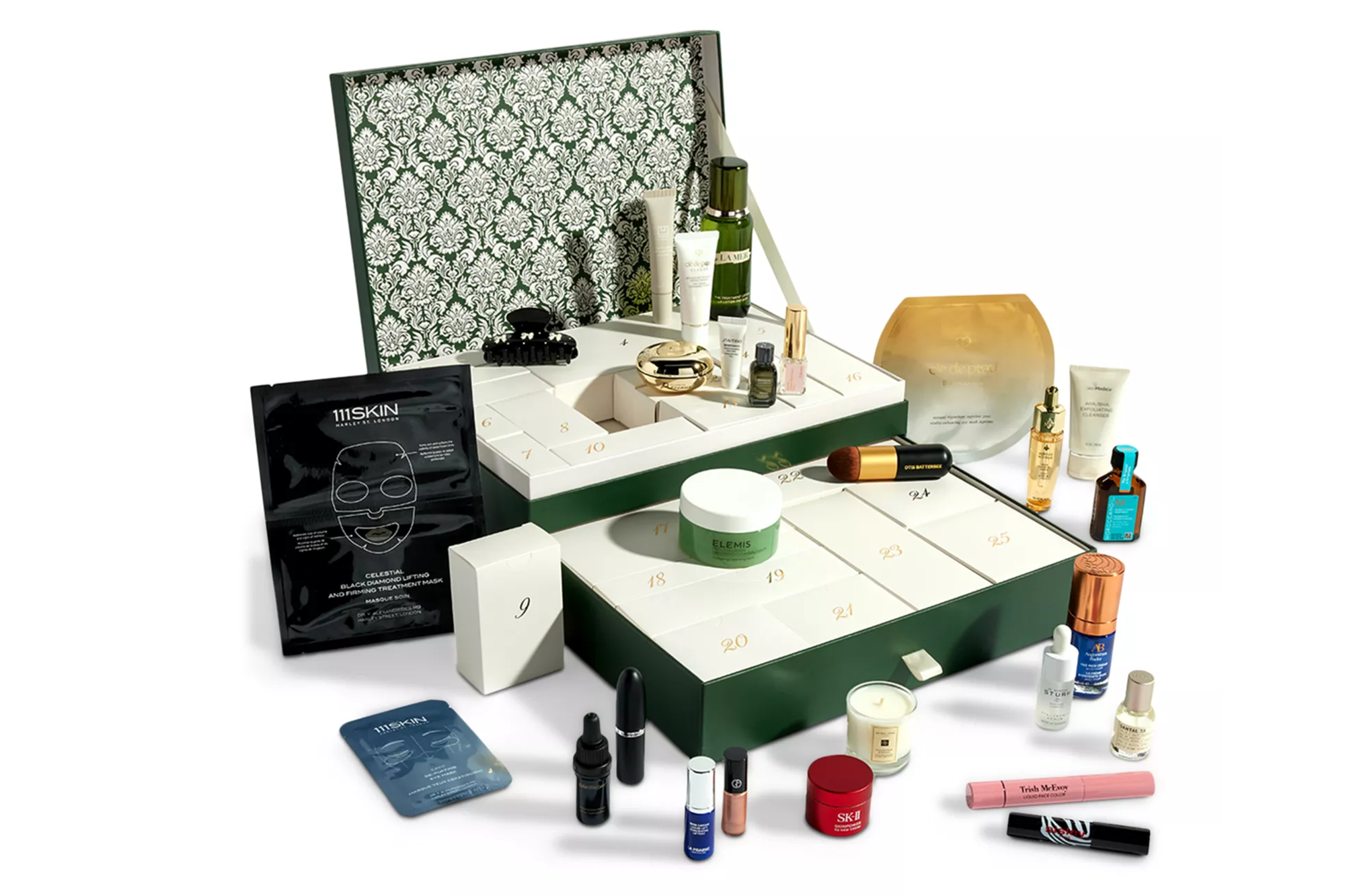 Bloomingdale's advent calendar with various beauty and skincare products.