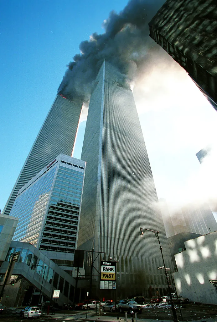 Fires blaze from the World Trade Center on Tuesday, Sept. 11, 2001.