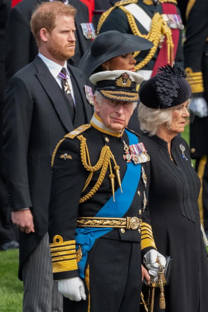 Britain's King Charles III, Camilla, Queen Consort, and Prince Harry, Duke of Sussex, at Queen Elizabeth II's funeral.