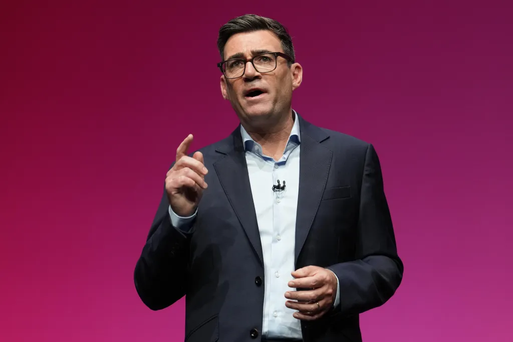 Britain's Prime Minister Andy Burnham delivers his speech during the Labour Party Conference.