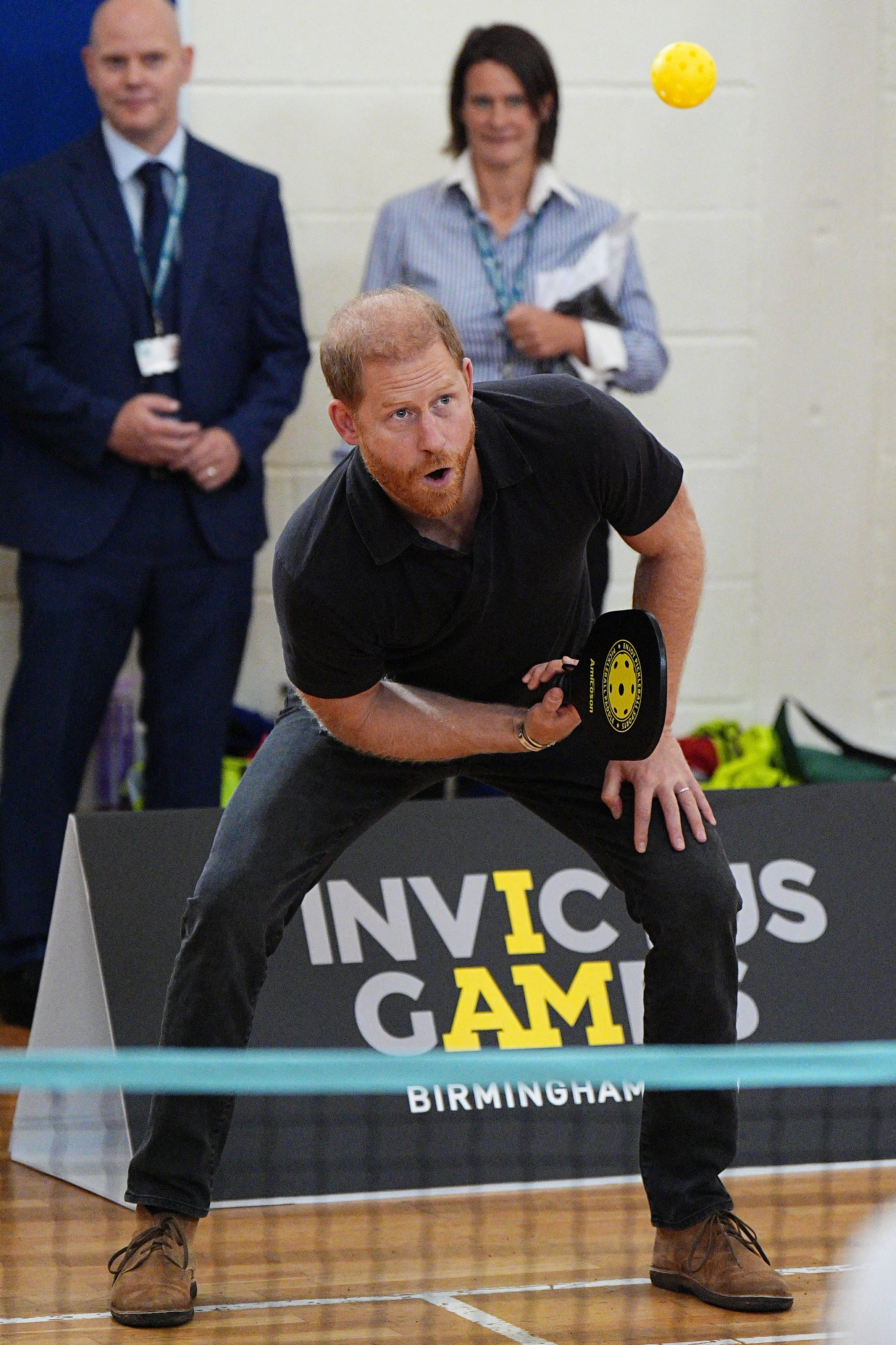 Prince Harry playing pickleball at Ninestiles School.