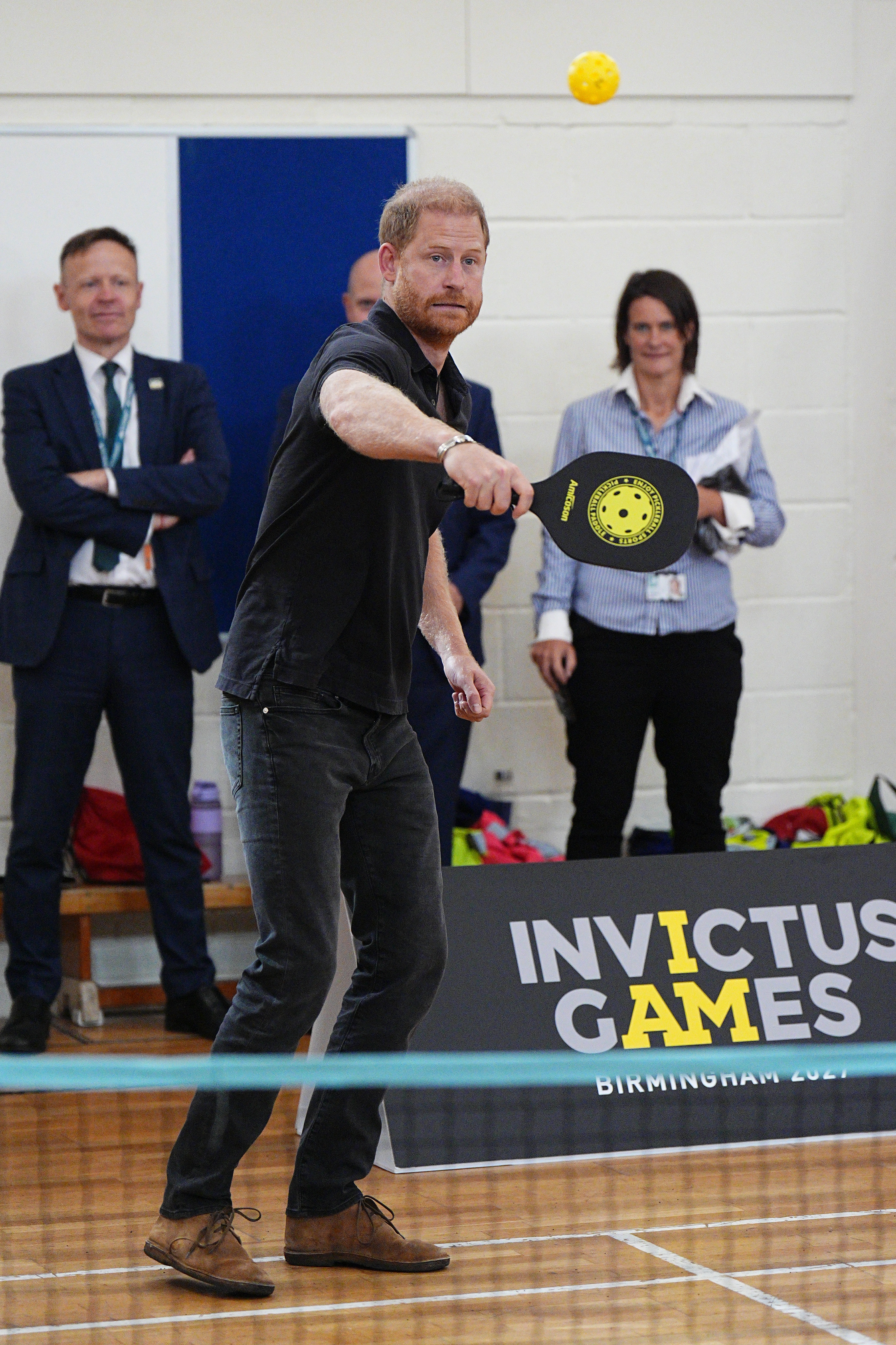 Prince Harry playing pickleball at the Invictus Games Birmingham 2027 education program launch.