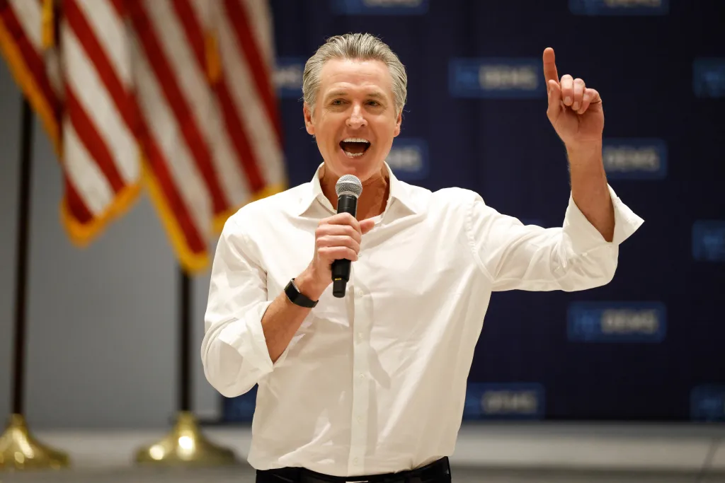 Gavin Newsom speaking at a rally in Monroe, N.C.