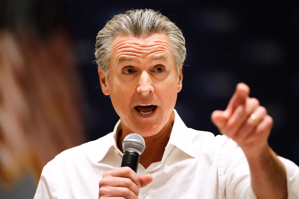 California Gov. Gavin Newsom speaks at a rally for democratic candidates.
