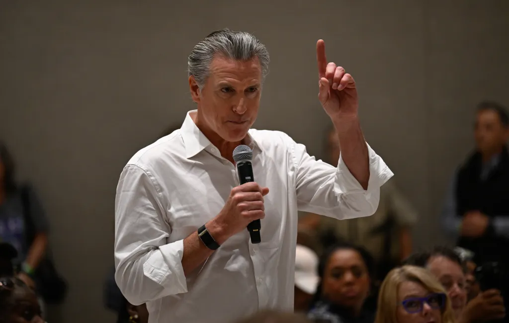 California Governor Gavin Newsom speaking at a Labor Day rally in North Carolina.