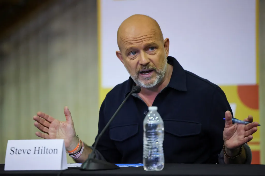 California gubernatorial candidate Steve Hilton speaks at a roundtable discussion about his 