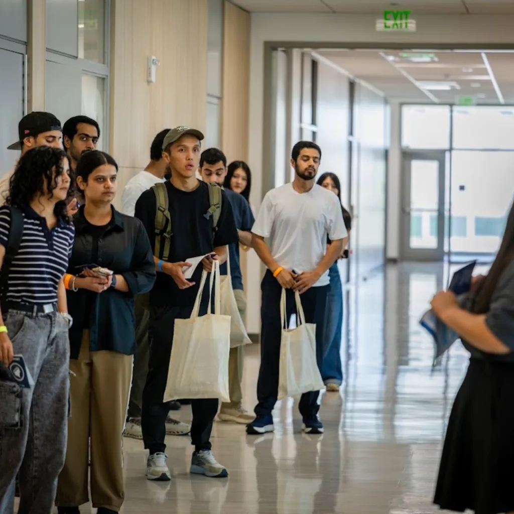 A line of international students waiting in a hallway.