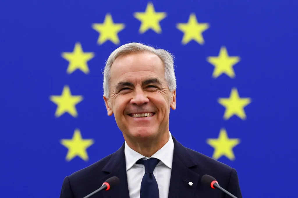 Canadian Prime Minister Mark Carney smiles while speaking at the European Parliament in Strasbourg.