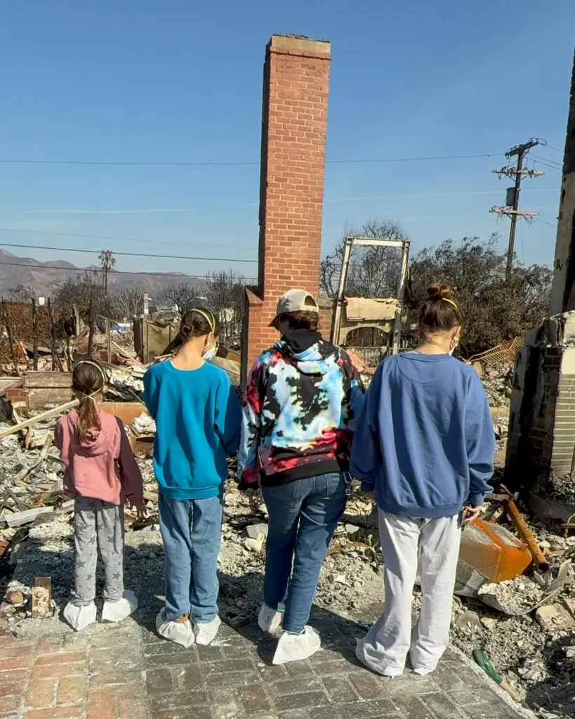 Chad Lowe and his daughters, Mabel, Fiona, and Nixie, stand amidst the ruins of their home after the Palisades fire.