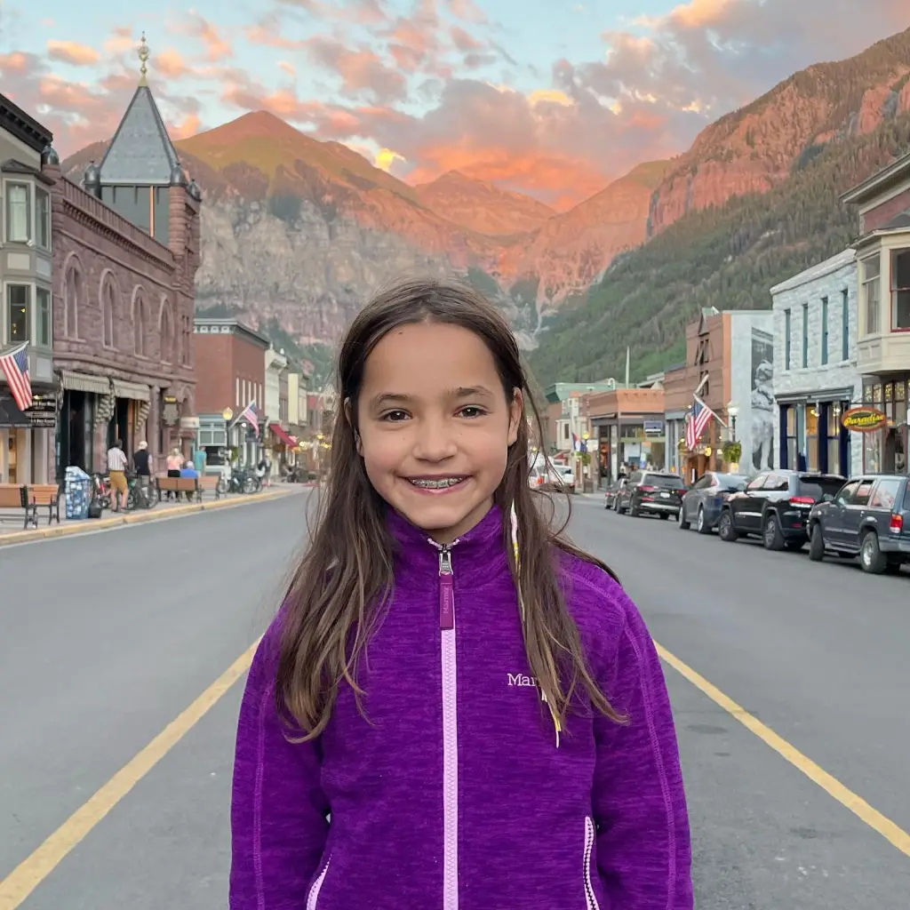 Chad Lowe's daughter Fiona smiling in the middle of a street with mountains in the background.
