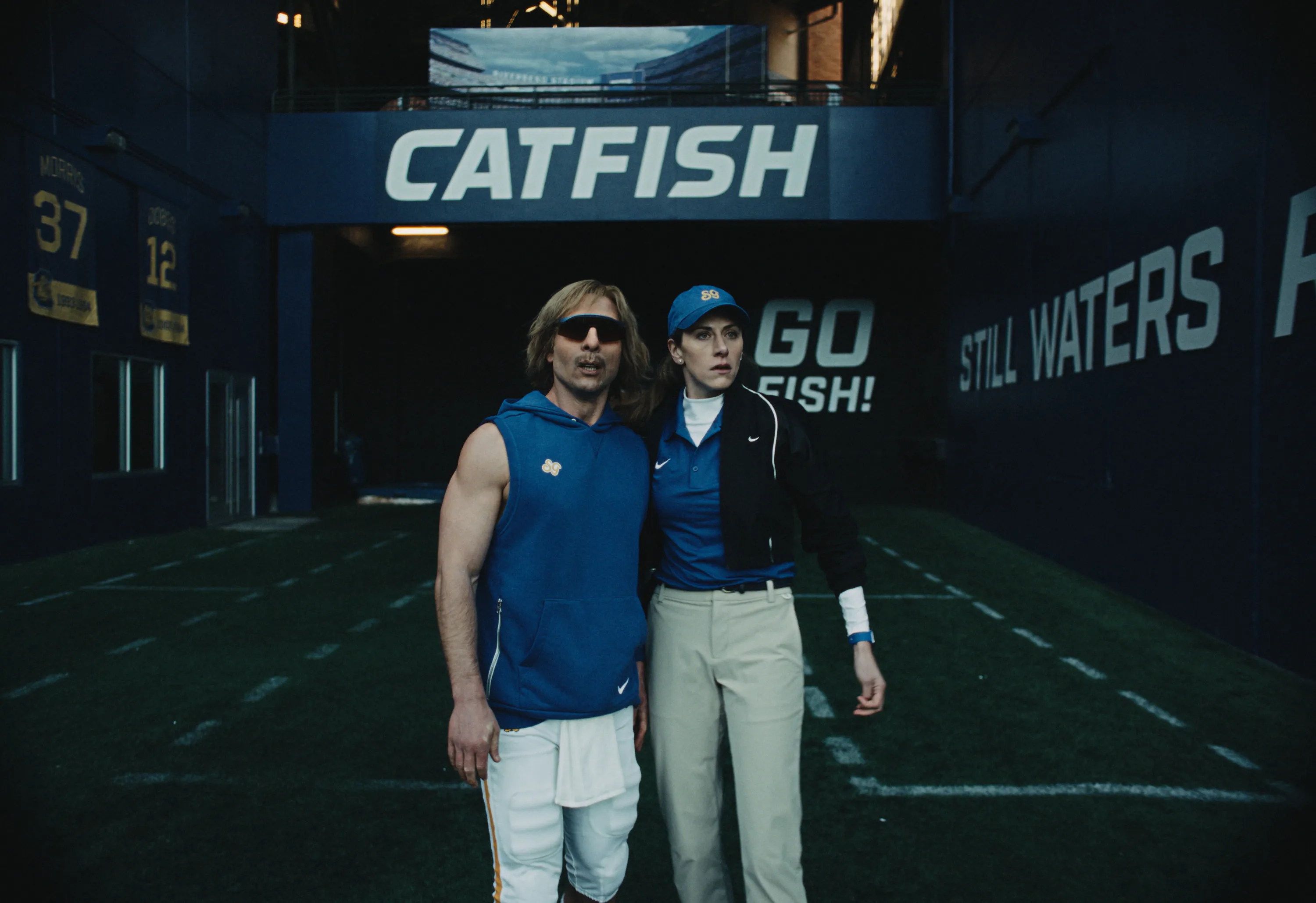 CHAD POWERS - âFirst Lookâ - Chad Powers is a superstar on the field, but his odd behavior off the field has everyone suspicious â especially Coach Hudson and Gerry. Ricky knows the truth, but if Russ and Danny want Chad to survive the regular season and lead the Catfish to the college football playoff, the only person who can help them is the last person who wants to: Ricky. (Disney)
GLEN POWELL, PERRY MATTFELD
GLEN POWELL, PERRY MATTFELD